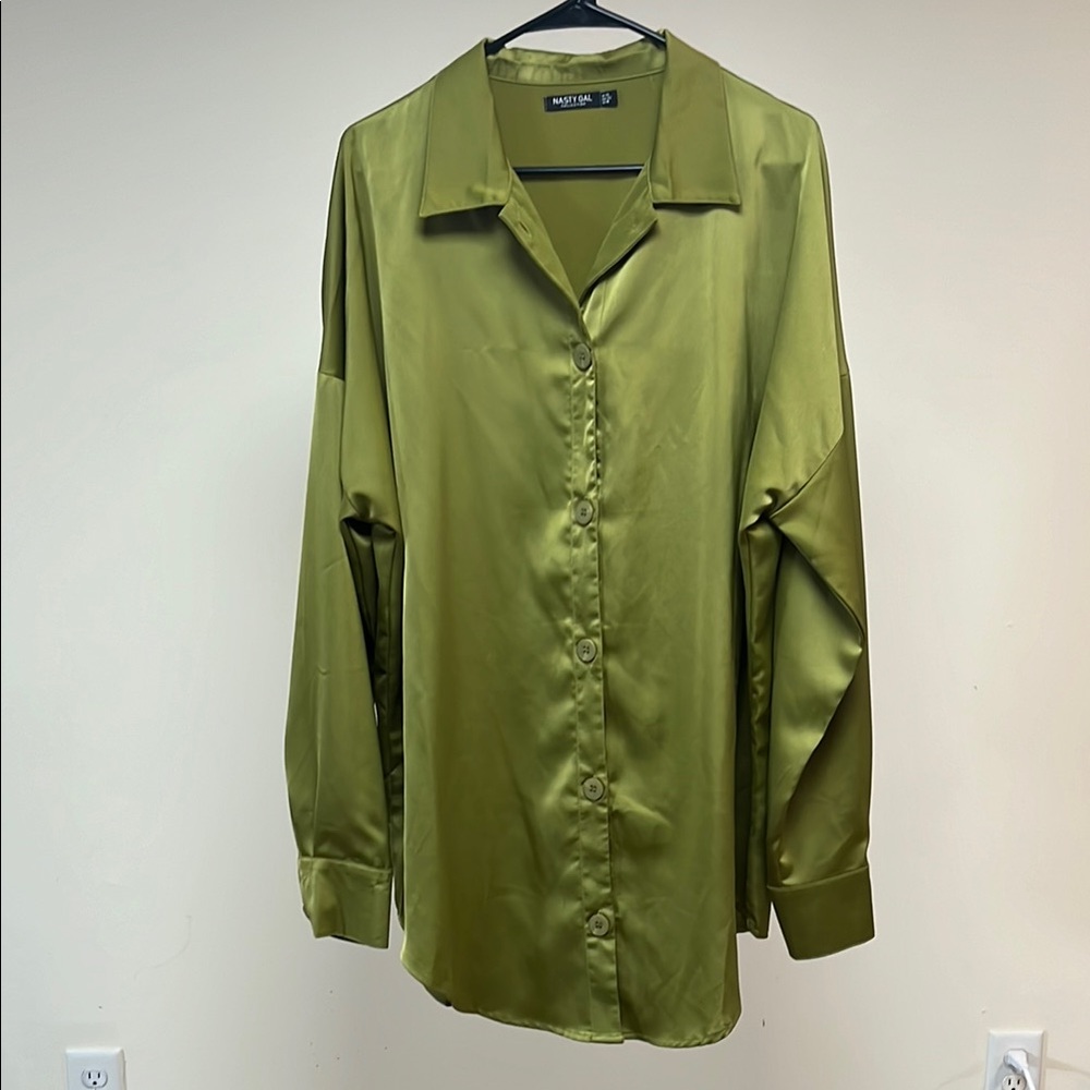 Nasty Gal Green Satin Longline Button-Up Shirt - image 1